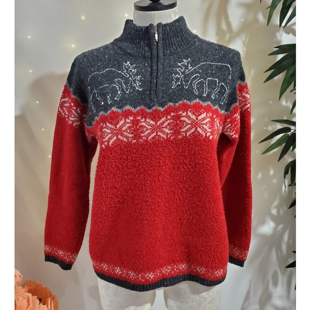 Vtg Jones New York Sport Womens Wool Fair Isle Deer 1/4 Zip Sweater P Ski Winter